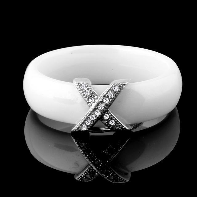 Women Fashion AAA Crystal X Cross Ceramic Ring-10-White-JadeMoghul Inc.