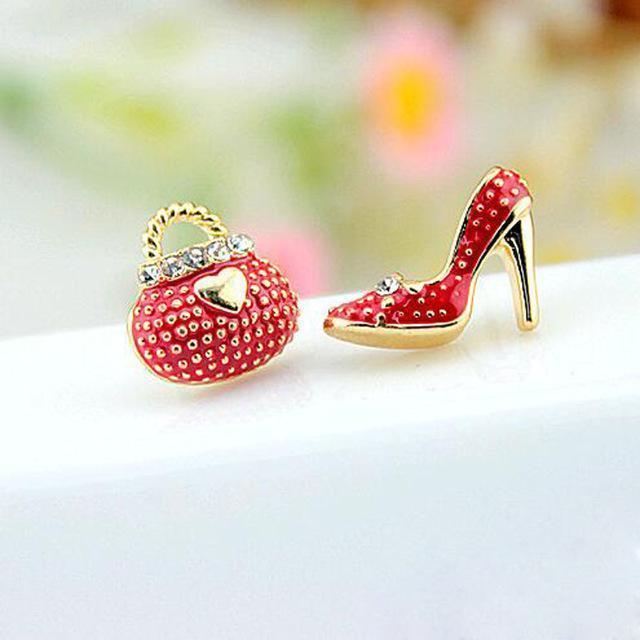 Women Fashion Cute Bags And Heels Design Asymmetric Stud Earrings-Red-JadeMoghul Inc.