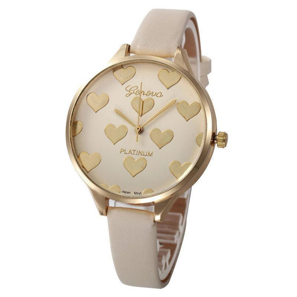 Women Fashion Gold Heart Pattern Leather Watch-Beige-JadeMoghul Inc.