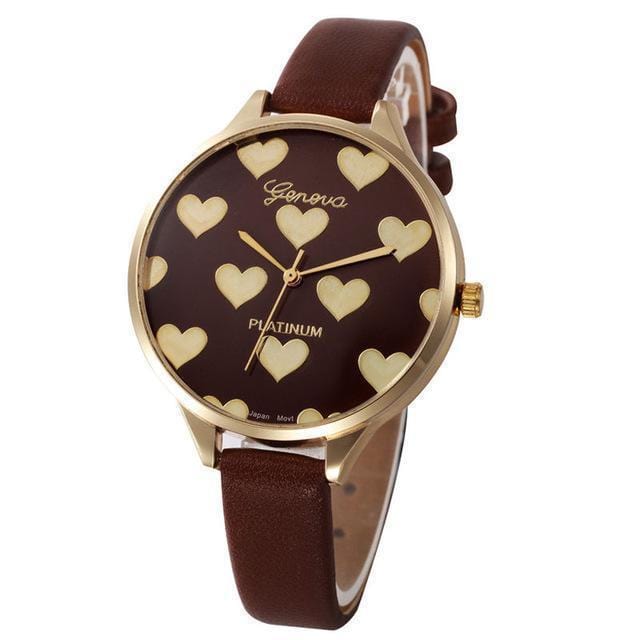 Women Fashion Gold Heart Pattern Leather Watch-Brown-JadeMoghul Inc.