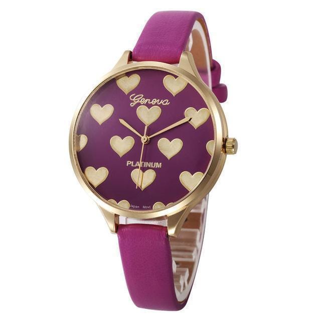 Women Fashion Gold Heart Pattern Leather Watch-Hot pink-JadeMoghul Inc.