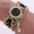 Women Fashion Key Luxury Gold Crystal Leather Strap Watch-Black-JadeMoghul Inc.