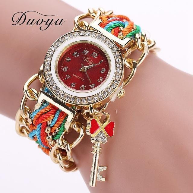 Women Fashion Key Luxury Gold Crystal Leather Strap Watch-Red-JadeMoghul Inc.