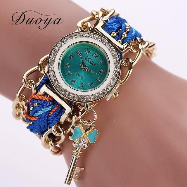 Women Fashion Key Luxury Gold Crystal Leather Strap Watch-Sky Blue-JadeMoghul Inc.