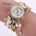 Women Fashion Key Luxury Gold Crystal Leather Strap Watch-White-JadeMoghul Inc.