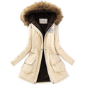 Women Faux Fur Collar Hooded Jacket-Cream-XXL-JadeMoghul Inc.