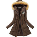 Women Faux Fur Collar Hooded Jacket-Dark Brown-XXL-JadeMoghul Inc.