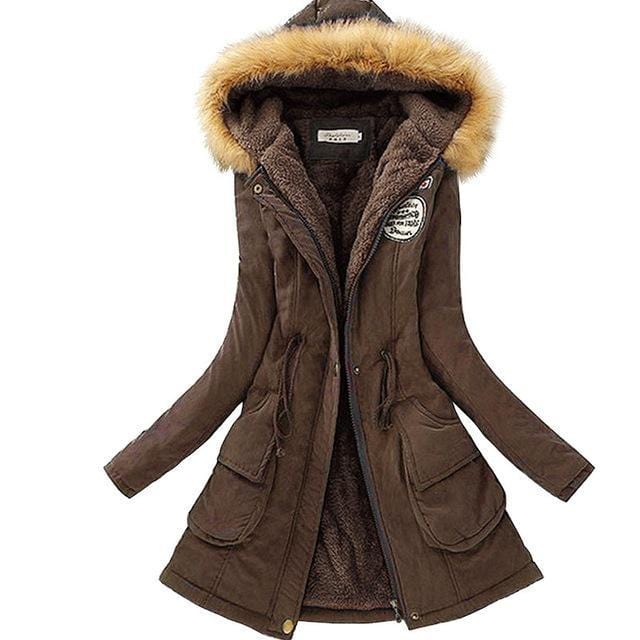 Women Faux Fur Collar Hooded Jacket-Dark Brown-XXL-JadeMoghul Inc.