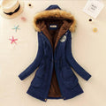 Women Faux Fur Collar Hooded Jacket-Navy Blue-XXL-JadeMoghul Inc.