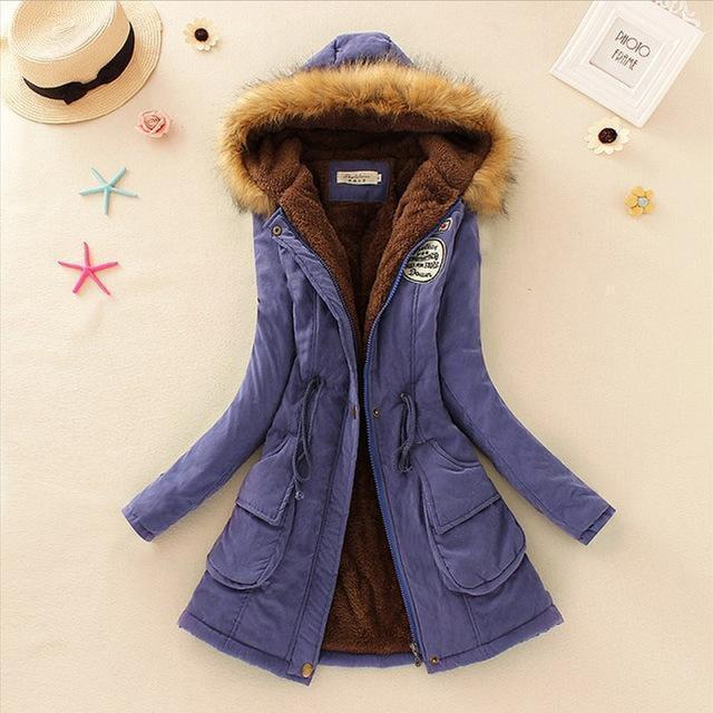 Women Faux Fur Collar Hooded Jacket-Royal Blue-XXL-JadeMoghul Inc.