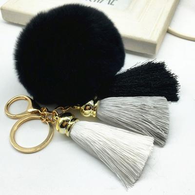 Women faux Fur pom Pom And Tassel Keychain/ Bag Charm-black-JadeMoghul Inc.