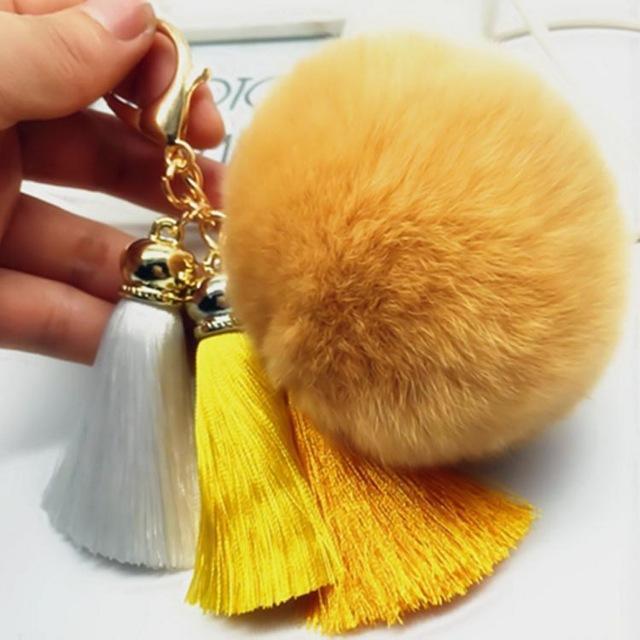 Women faux Fur pom Pom And Tassel Keychain/ Bag Charm-gold-JadeMoghul Inc.