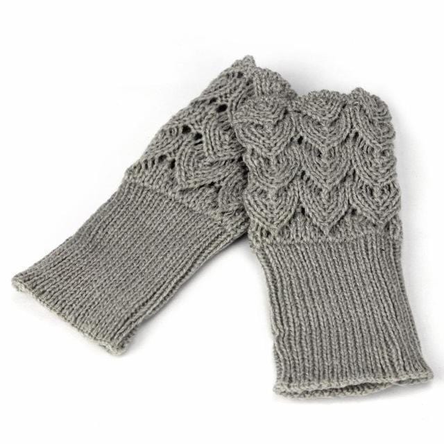 Women Finger Less Lace Knit Design Wool Gloves-Gray-JadeMoghul Inc.