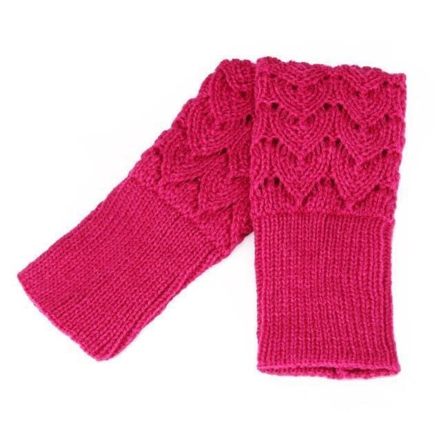 Women Finger Less Lace Knit Design Wool Gloves-Hot Pink-JadeMoghul Inc.
