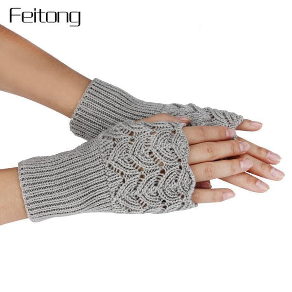 Women Finger Less Lace Knit Design Wool Gloves-Multi-JadeMoghul Inc.