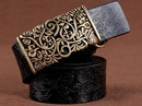 Women floral Embossed Cow Skin Belt With Woven Design Pin Buckle-black-85cm 20to22 Inch-JadeMoghul Inc.