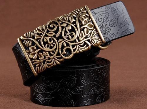 Women floral Embossed Cow Skin Belt With Woven Design Pin Buckle-black-85cm 20to22 Inch-JadeMoghul Inc.