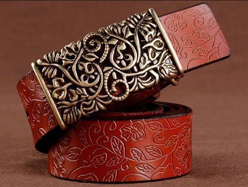 Women floral Embossed Cow Skin Belt With Woven Design Pin Buckle-brown-85cm 20to22 Inch-JadeMoghul Inc.