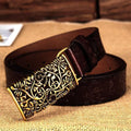 Women floral Embossed Cow Skin Belt With Woven Design Pin Buckle-coffee-100cm 26to28 Inch-JadeMoghul Inc.