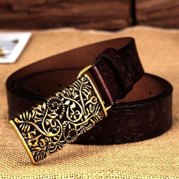Women floral Embossed Cow Skin Belt With Woven Design Pin Buckle-coffee-100cm 26to28 Inch-JadeMoghul Inc.