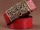 Women floral Embossed Cow Skin Belt With Woven Design Pin Buckle-red-85cm 20to22 Inch-JadeMoghul Inc.