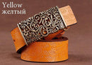 Women floral Embossed Cow Skin Belt With Woven Design Pin Buckle-yellow-85cm 20to22 Inch-JadeMoghul Inc.