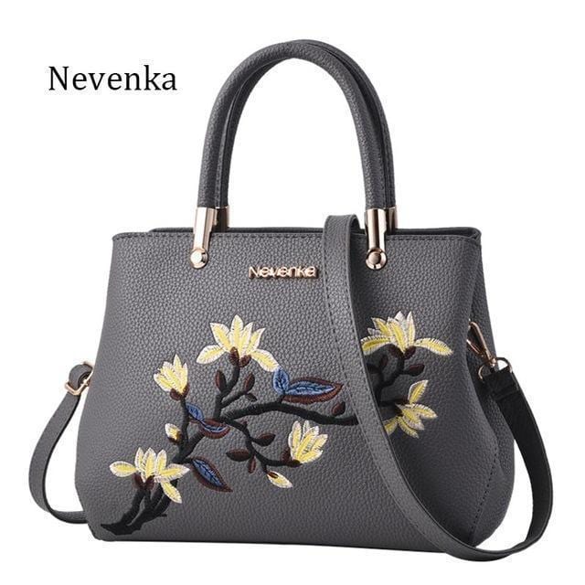 Women Floral Embroidered Patent Leather Hand Bag-Gray-JadeMoghul Inc.