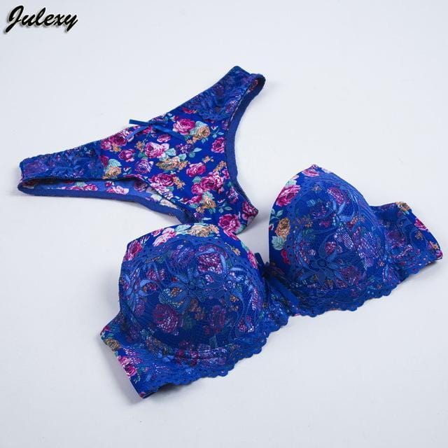 Women Floral Print and Lace Padded Push Up Bra And Seamless Panties Set-Blue-34B or 75B-JadeMoghul Inc.
