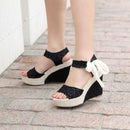 Women Floral / Solid Summer Wedge Sandals With Ribbon Tie Closure-black-5-JadeMoghul Inc.