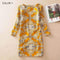 Women Flower Print Dress - Long Sleeve Casual Dress-Fluorescent Yellow-XL-JadeMoghul Inc.