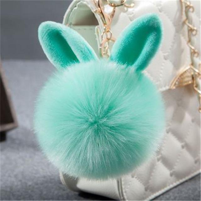 Women Fluffy Bunny Ear Fur Ball Keychain / Bag Charm-green-JadeMoghul Inc.