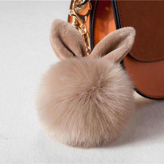 Women Fluffy Bunny Ear Fur Ball Keychain / Bag Charm-kaki-JadeMoghul Inc.