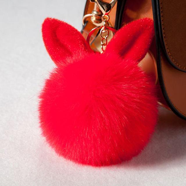 Women Fluffy Bunny Ear Fur Ball Keychain / Bag Charm-red-JadeMoghul Inc.