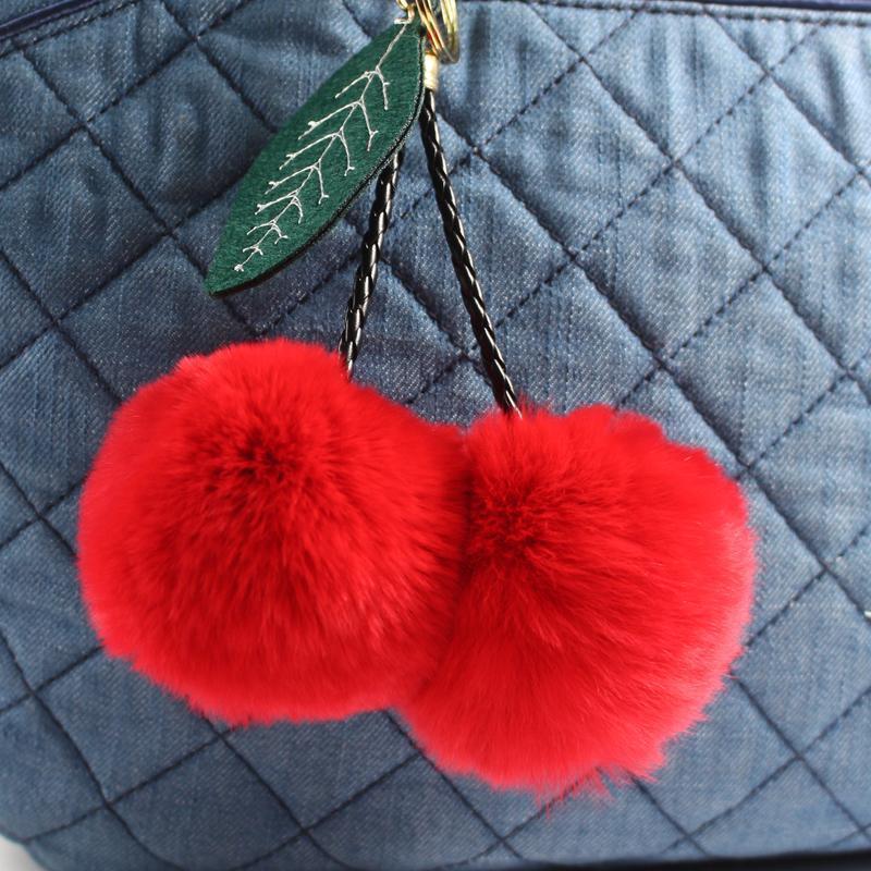 Women Fluffy Cherry Pom Pom Keychain/ Bag Charm-Black-JadeMoghul Inc.