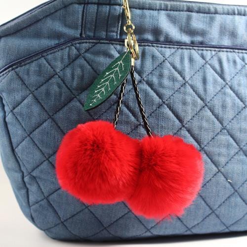 Women Fluffy Cherry Pom Pom Keychain/ Bag Charm-Red-JadeMoghul Inc.