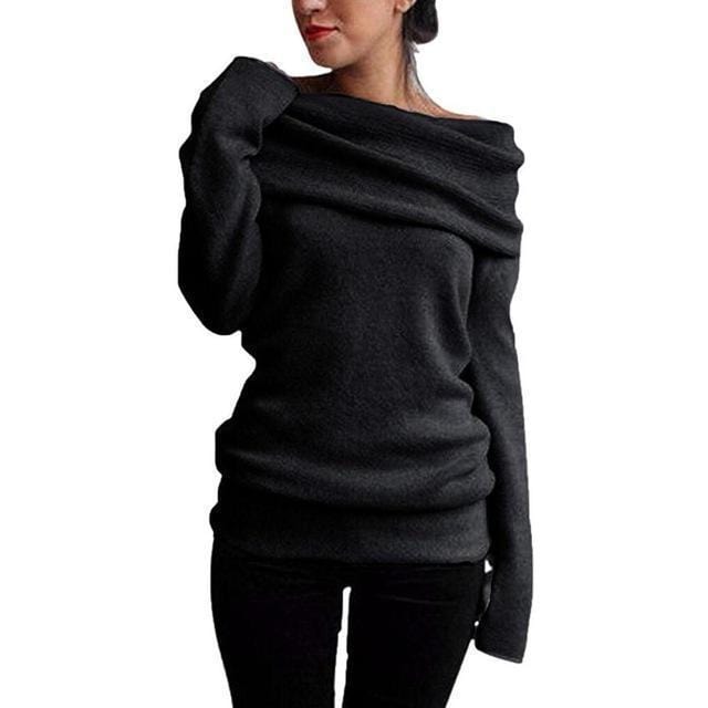 Women Fold Over Collar Full Sleeved Sweater-e-S-JadeMoghul Inc.