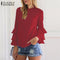 Women Frilled Sleeved Shirt Top-Wine Red-S-JadeMoghul Inc.