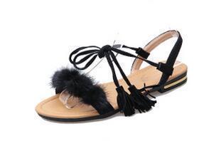 Women Fur/ Tassel String Tie Flat Sandals-real fur black-4-JadeMoghul Inc.