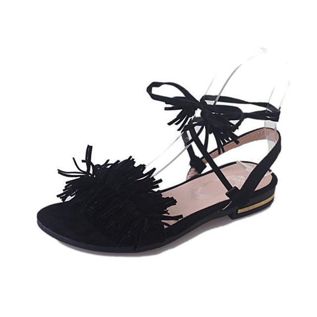 Women Fur/ Tassel String Tie Flat Sandals-Tassel black-4-JadeMoghul Inc.