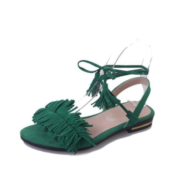 Women Fur/ Tassel String Tie Flat Sandals-Tassel green-4-JadeMoghul Inc.