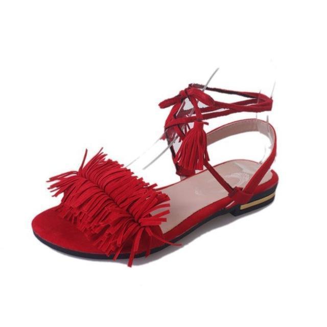 Women Fur/ Tassel String Tie Flat Sandals-Tassel red-4-JadeMoghul Inc.