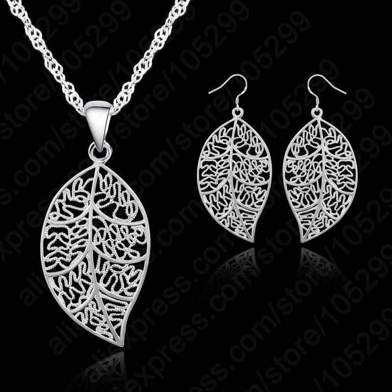 Women Genuine 925 Sterling Silver leaves Earring Pendant Set--JadeMoghul Inc.