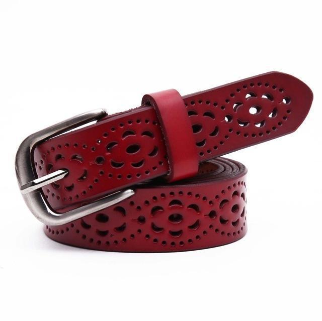Women Genuine Cow Leather Belt With Cut Work Detailing-Red-105cm-JadeMoghul Inc.
