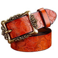 Women genuine Cow Leather Floral design Belt With Victorian Style Heavy Pin Buckle-Brown Big Flower-100cm-JadeMoghul Inc.