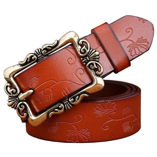 Women genuine Cow Leather Floral design Belt With Victorian Style Heavy Pin Buckle-Brown Small Flower-100cm-JadeMoghul Inc.