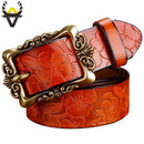 Women genuine Cow Leather Floral design Belt With Victorian Style Heavy Pin Buckle-Brown Small Flower-100cm-JadeMoghul Inc.