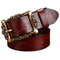 Women genuine Cow Leather Floral design Belt With Victorian Style Heavy Pin Buckle-Coffee Big Flower-100cm-JadeMoghul Inc.
