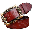 Women genuine Cow Leather Floral design Belt With Victorian Style Heavy Pin Buckle-Coffee Small Flower-100cm-JadeMoghul Inc.