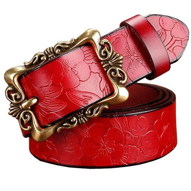 Women genuine Cow Leather Floral design Belt With Victorian Style Heavy Pin Buckle-Red Big Flower-100cm-JadeMoghul Inc.