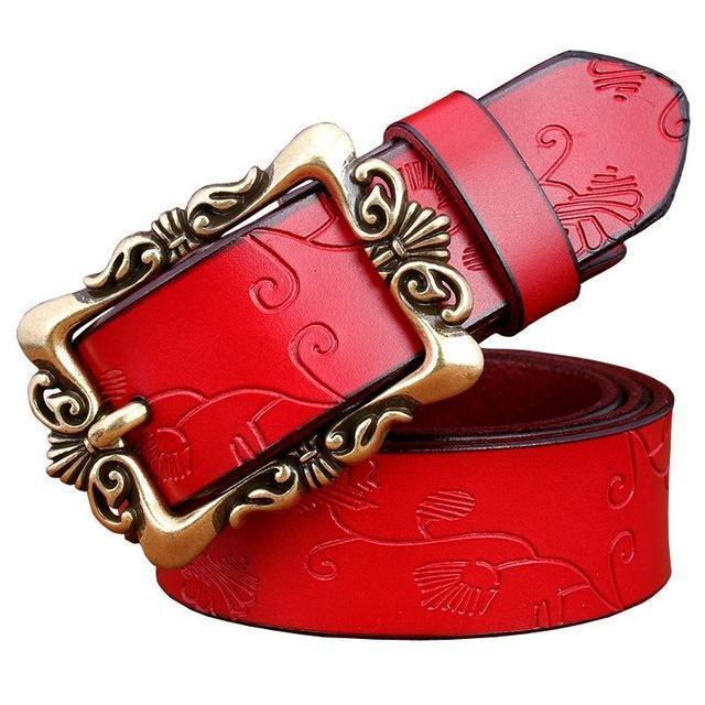 Women genuine Cow Leather Floral design Belt With Victorian Style Heavy Pin Buckle-Red Small Flower-100cm-JadeMoghul Inc.